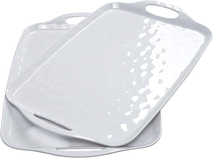 TP Large Serving Trays with Handles, 19" x 12" Melamine Serving Platters for Food, Turkey, Set of 2 Rectangular Trays for Party, Pure White