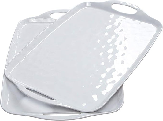 TP Large Serving Trays with Handles, 19" x 12" Melamine Serving Platters for Food, Turkey, Set of 2 Rectangular Trays for Party, Pure White