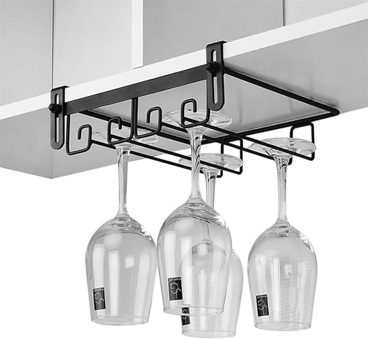 CAKERS Creative Wine Glass Holder|Under Cabinet Iron Art Stemware Rack|Hanging Wine Glass Drying Holder For Kitchen Bar Restaurant,Black,2 Rows