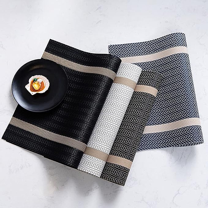 PIGCHCY Luxurious Placemats and Table Runner Set, Stylish Durable Placemats Set of 6 for Home Wedding Hotel Decoration (Black)