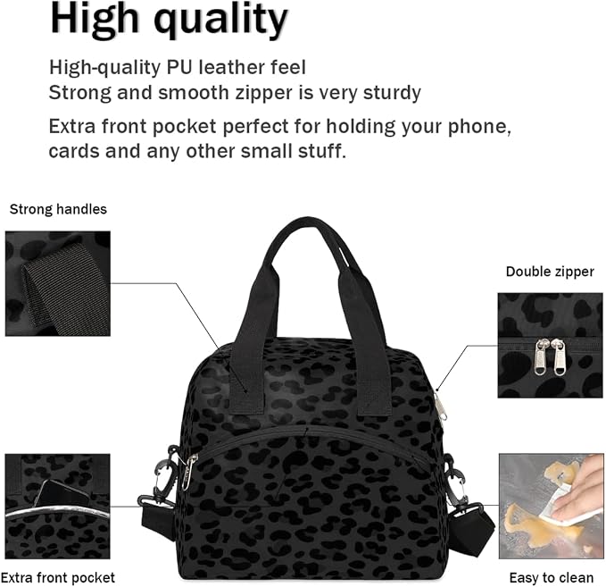 Pardick Leopard Cheetah Black Insulated Lunch Bag for Women Leakproof Lunch Box Large Cooler Thermal Tote Bag with Shoulder Strap Meal Prep Bags for Work School Office Picnic Teen Girls Adult
