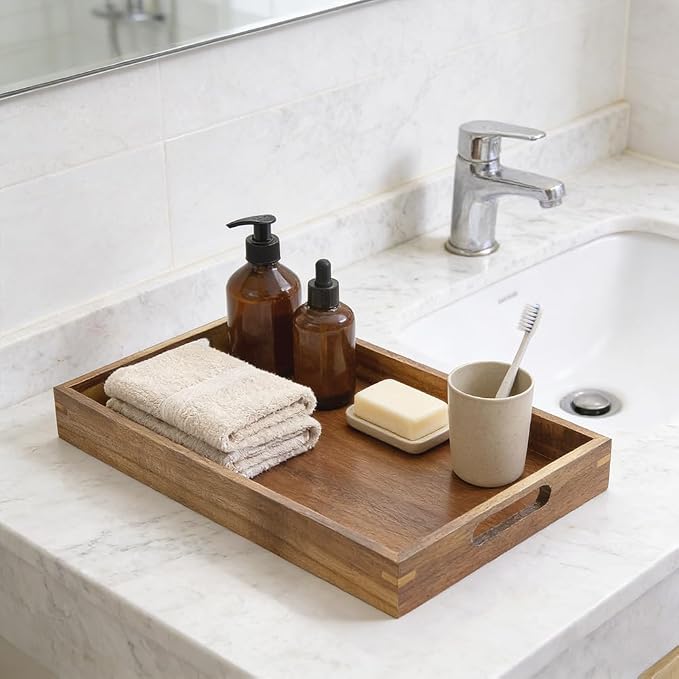 2 Pack Acacia Wood Serving Trays with Handles Rectangular Large Wooden Tray for Ottoman Coffee Table Decorative Trays for Living Room Bedroom Entryway Kitchen Home Decor