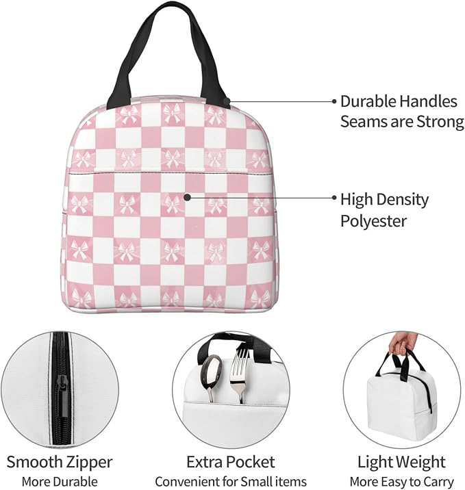 Lunch Bag Pink Check Bow Pattern Insulated Lunch Box Cooler Tote for Adults Student Boys Girls Women Men Work Office School Picnic Beach Reusable Lunchbox Over 3 Years Old