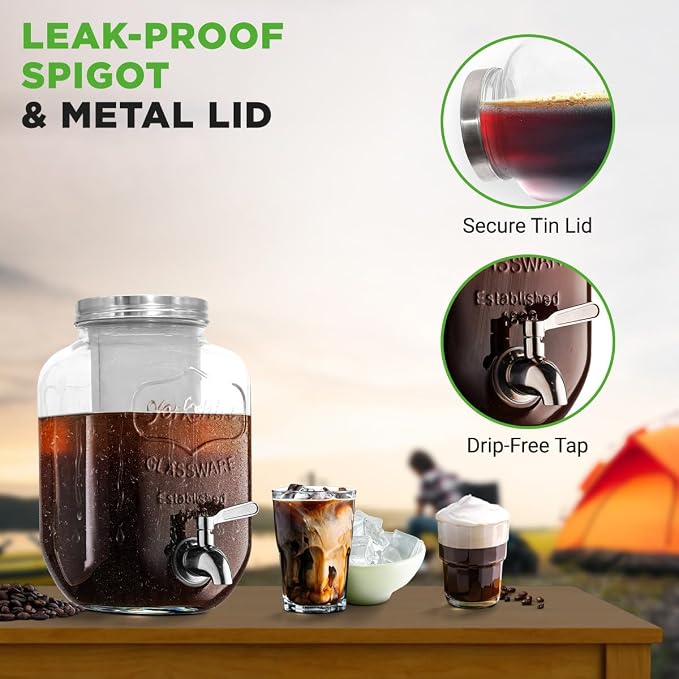 NutriChef 1-Gallon Cold Brew Coffee Maker - Wide-Mouth Glass Mason Jar Style w/Stainless Steel Spigot Tap & Reusable Mesh Filter - Leak Resistant, Drip-Free, & Easy to Clean