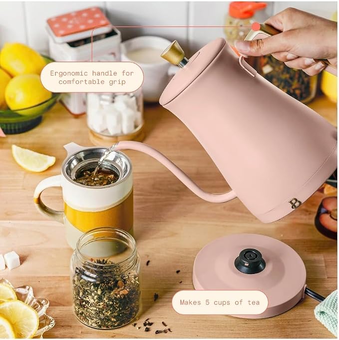 Beautiful Electric Gooseneck Kettle, 1 Liter, 1200W, Stainless Steel Interior, Fast Boil, Precision Pour Spout, Auto Shut-Off & Boil-Dry Protection (Pink)