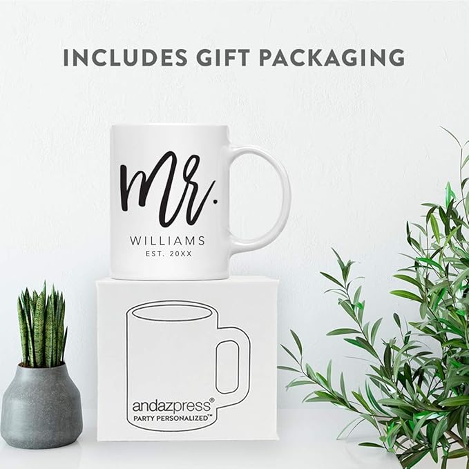Andaz Press Personalized Name 11oz. Ceramic Ceramic Valentines Day Coffee Mugs Wedding Anniversary Couples Gift Set, Mr. Mr. Williams Est. 2026, Script Style, 2-Pack, Custom Names, Long Distance Gift