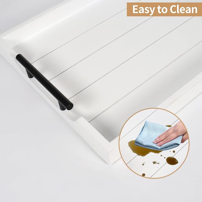 SXNOWS Coffee Table Tray - Large Ottoman Tray for Living Room - Wood Serving Tray with 2 Sets of Handles - Wooden Tray for Coffee Table, 4 Round Coasters Included, White