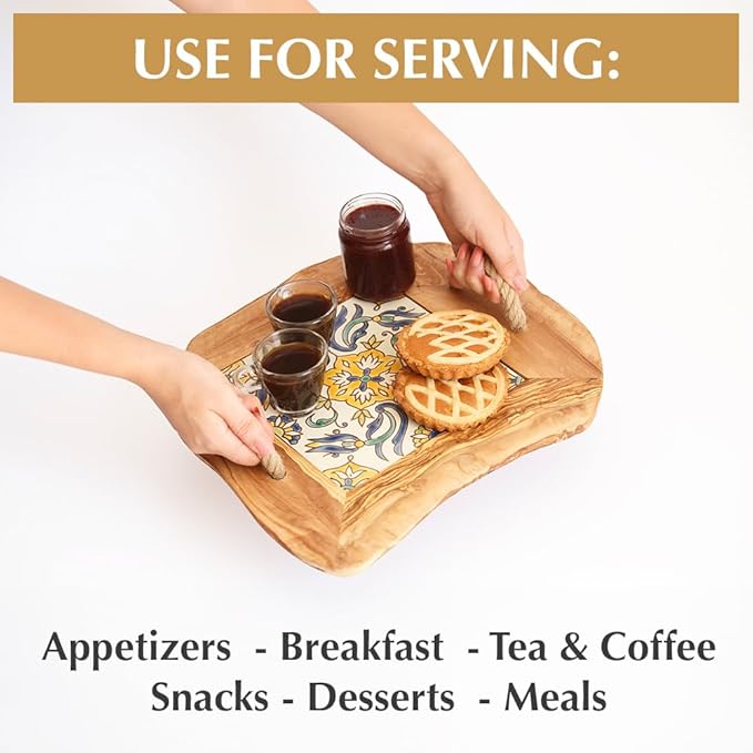 Kamsah Olive Wood Serving Tray with Handles (L:10”, W:10”) Decorative Square Serving Trays for Serving Food, Drinks, Tea, Coffee - Rustic Vintage Wooden Serving Tray for Table & Gifts - Arabesque