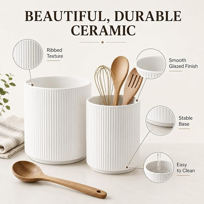 Utensil Holder,Ceramic Kitchen Utensils Holder for Countertop-Set of 2 | Utensil Crock for Kitchen Counter for Forks,Spatulas, Spoons,Ideal Housewarming Gifts & Mothers Day Gift-White