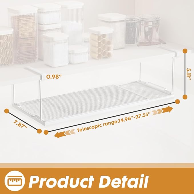 PowerKing Expandable Under Cabinet Shelf, Adjustable Length Under Shelf Storage with Thick Clips 10lbs Capacity for Kitchen, Laundry, Shoe, Under Office Desk & Wardrobe Partition (White, 5.11'' H)
