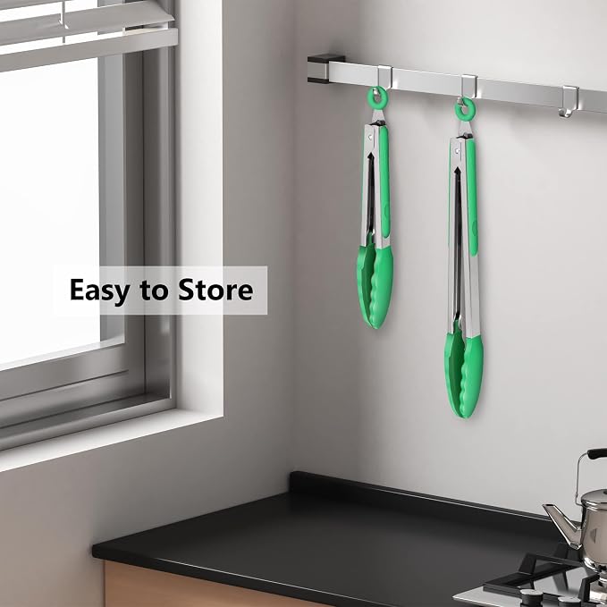 2 Pack Silicone Kitchen Tongs – 9" & 12" Set, Heat Resistant up to 500°F, Non‑Stick Cookware Safe, Wavy Silicone Tips, BPA Free, Locking Clip & Hanging Loop, Turquoise