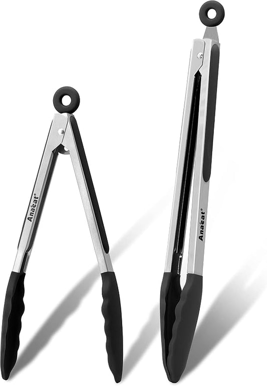 Anaeat Non-Stick Silicone Locking Tong Set of 2 - Stainless Steel 9" and 12" Kitchen Food Tongs with Non-Slip Silicone Tips and Grip for Cooking, Baking and BBQ - Heavy Duty & Heat Resistant (Black)