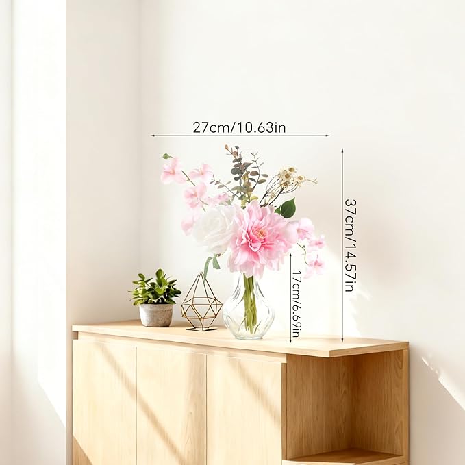 Faux Flowers with Vase,Small Artificial Silk Roses in Vase, Fake Plant Eucalyptus Flower Arrangement for Home Office Decoration, Living Room and Dining Table Centerpiece
