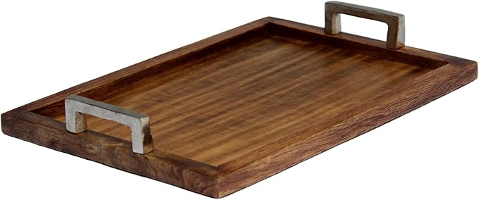 Premium Wooden Serving Tray with Aluminum Handles | Handcrafted Solid Wood Decorative Tray for Kitchen, Dining & Coffee Table | Large Rustic Breakfast Tray | Multipurpose Food & Drink Server