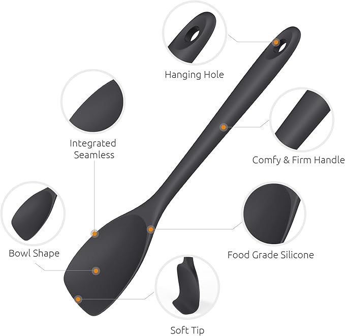 600ºF Heat Resistant Spatula Spoon: U-Taste Flexible Silicone Cooking Scoop Spoonula, Serving Mixing Scraping Food in Non-Stick Pan Cookware, Seamless Multifunctional Kitchen Utensil (Black)