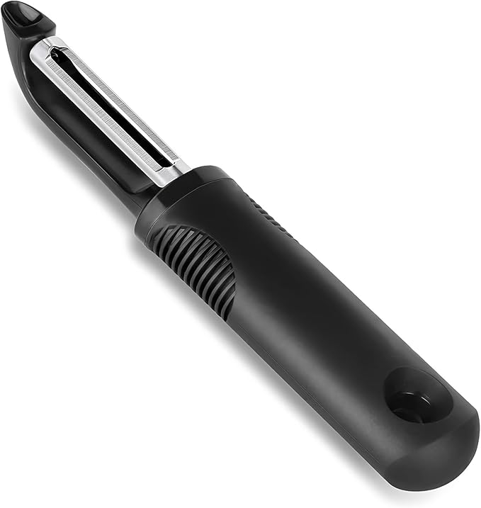 Swivel Vegetable Peeler with Non-Slip Ergonomic Handle,Rust-Proof Steel Blades,Built-in Potato Eye Remover,Plastic Blade Guard,Kitchen Peeler for Potato Carrot Apple Veggie Fruit (Black)