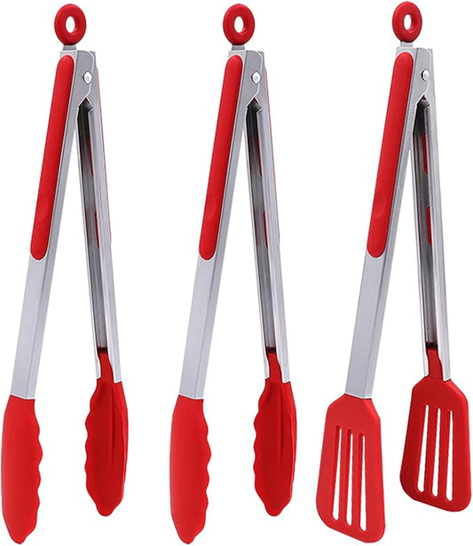 12 Inch Kitchen Tongs Set of 3, Cooking Tongs with Silicone Tips and Stainless Steel Handle, Tongs for Cooking, Baking, Grilling(Red)