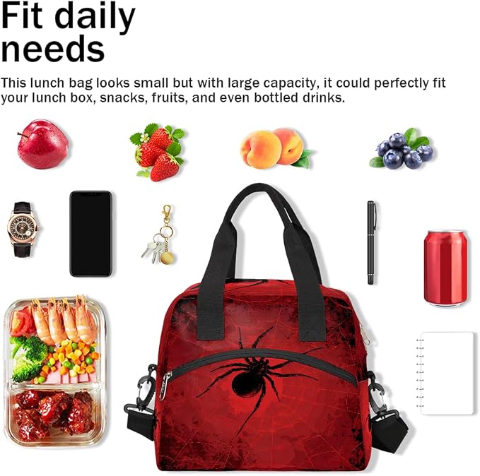 Spider Red Background Insulated Lunch Bag for Women Men Thermal Cooler Bag Adult Lunch Box with Shoulder Strap Reusable Lunch Tote Bag Large Containers for School Picnic Work Lightweight Handbag