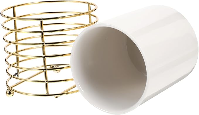 PRETYZOOM Ceramic Cutlery Organizer with Detachable Iron Wire Large Kitchen Spoon Holder for Chopsticks and Utensils Stylish White and Gold Design for Desktop Use
