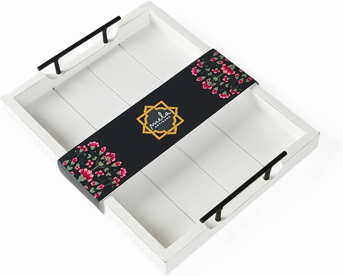 Mela Artisans 16 x 13 x 2.25 in Acacia Wood Serving Tray with Handles – Shabby White Rectangular Wooden Tray for Breakfast in Bed, Coffee Table Decor & Home Display