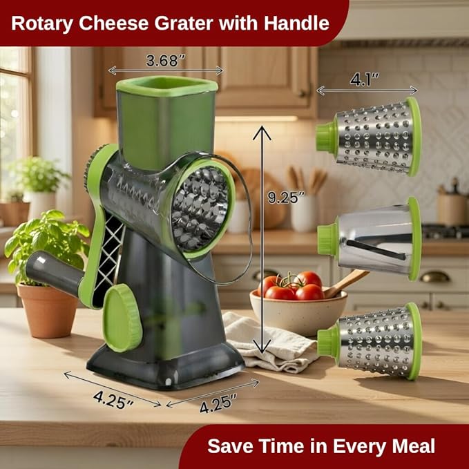 INCITATUS - Cheese Grater Hand Crank - Rotary Cheese Shredder - 3 Interchangeable Stainless Steel Blades & Strong Suction Base - Parmesan Vegetable Grater - Manual Kitchen Vegetable Slicer