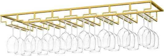 Nuovoware Wine Glass Rack - Under Cabinet Stemware Wine Glass Hanger Rack Holder for Bar Kitchen Cabinet, 8 Rows - Deep Gold