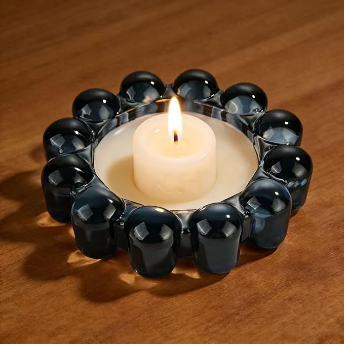 khtumeware Black Bubble Glass Candle Dish – Modern Clear Glass Candle Holder for Tealights & Diffusers, Decorative Tray for Home & Tabletop Decor（2 Pack）