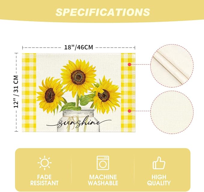 Artoid Mode Yellow Buffalo Plaid Sunflower Sunshine Vase Summer Placemats Set of 4, 12x18 Inch Spring Table Mats for Party Kitchen Dining Decoration