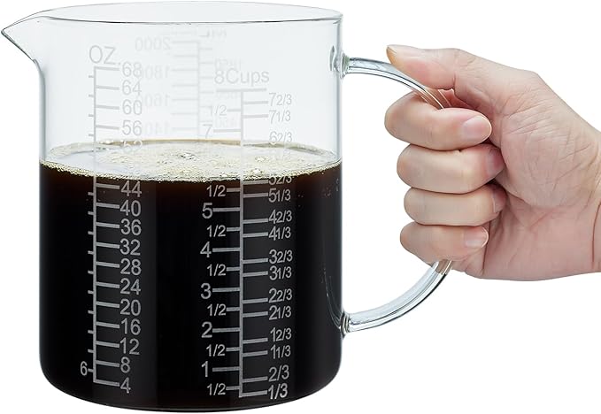Ackers BORO3.3 Borosilicate Glass Measuring Cup with Insulated Handle, V-Shaped Spout, Clear, 2000ml/64oz Capacity, Etched Graduation, Easy to Read