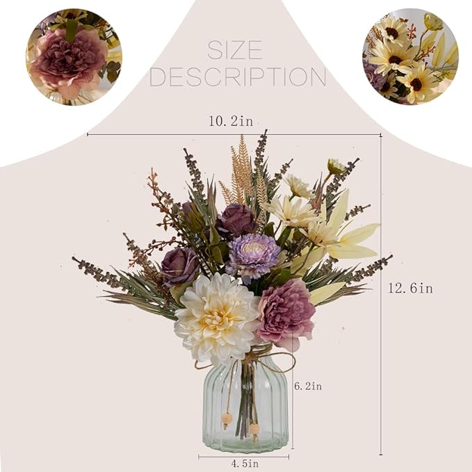 LESING Dahlia Flower Aritificial Flower with Vase Fake Silk Flowers in Glass Vase Faux Rose Flowers Arrangement for Home Office Table Centerpiece Decoration (Purple)