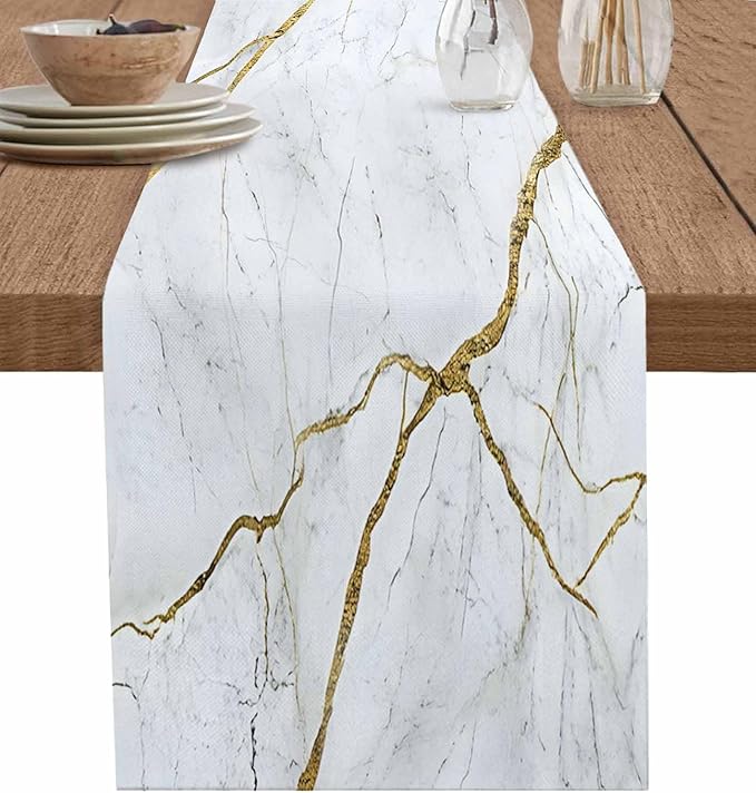 Marble White Gold Table Runner 72 Inch Long Dresser Scarves Modern Abstract Marble Cotton Linen Tablerunners Farmhouse Rustic Dining Kitchen Burlap Table Setting Decor for Party Holiday Home, 18"x72"
