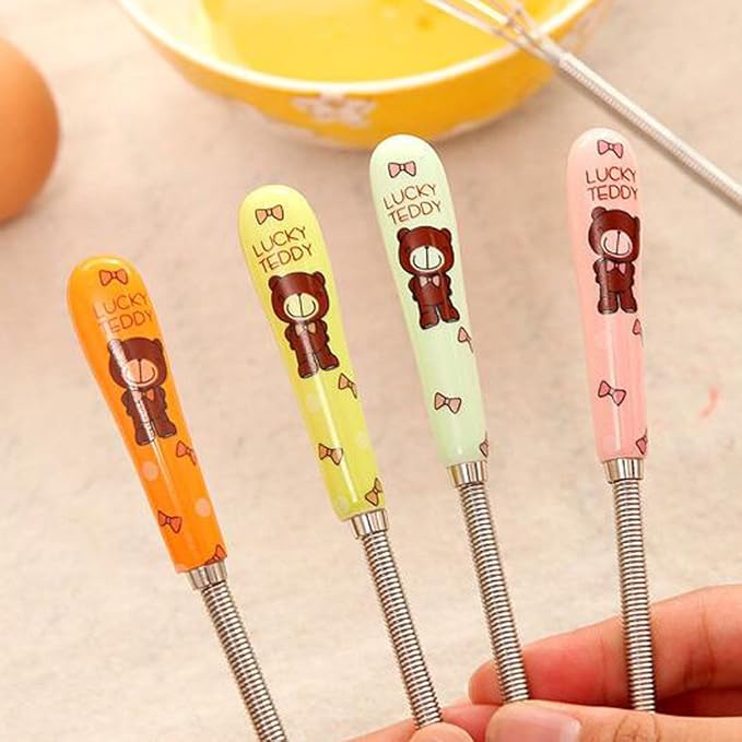Verdental 4 Pieces 7 Inches Colorful Small Stainless Steel Whisks with Cute Cartoon Bear Handle Design Little Balloon Whisk for Mixing and Beating Eggs