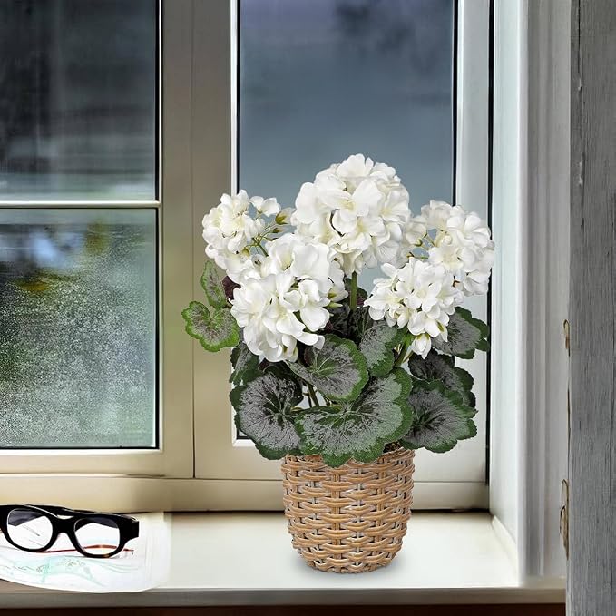Briful Artificial White Geranium Flowers in Woven Basket, 14.5’’ Tall Silk Flower Arrangement, Realistic Geraniums Artificial Outdoor Plants for Home Indoor Farmhouse Table Wedding Centerpiece Decor