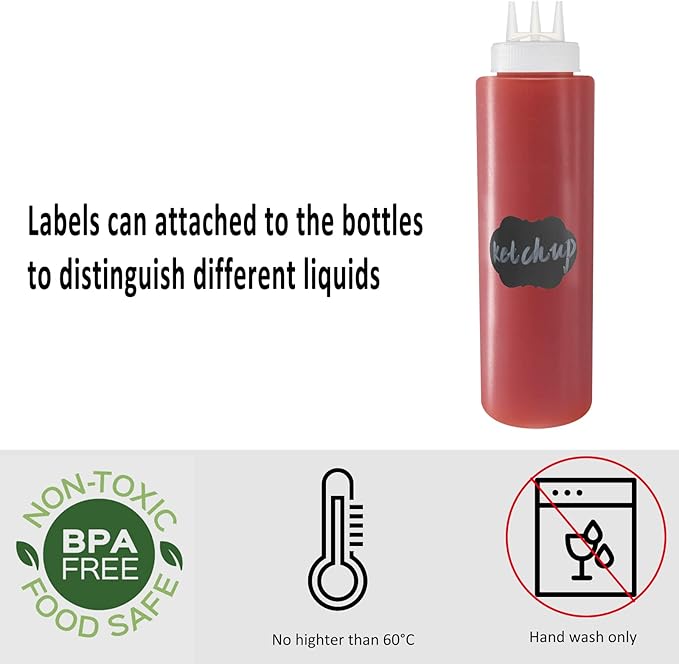 4 Pack 32oz/1000ml Plastic Squeeze Bottles 3-Hole Squirt Condiment Bottles Tomato Sauce Dispensers for Ketchup BBQ Dressing Paint Workshop Pancake Art Craft with 8 Chalk Labels and 1 Pen
