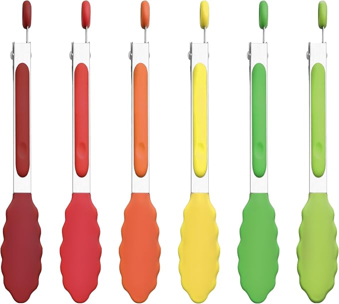 7-Inch Silicone Tongs Pack of 6, Small Stainless Steel Tongs with Silicone Tips for Cooking, Serving, BBQ, Grilling, Salad, Buffet, Party (7", 6PCS, Colorful)