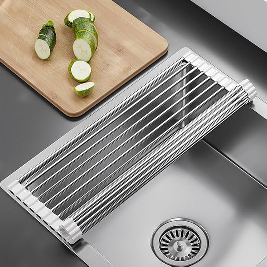 Roll Up Dish Drying Rack Over Sink Drying Rack Sink Cover Kitchen Sink Accessories Multipurpose Organizer Foldable Stainless Steel Drainer (18 Rods)