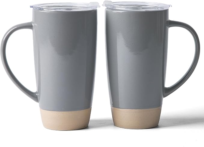 famiware Milkyway Coffee Mugs, 20oz Large Coffee Mug, Ceramic Mug Set of 2 with Lid, Cup Set with Handle for Latte, Tea, Cocoa, Milk, Home & Office, Dark Gray