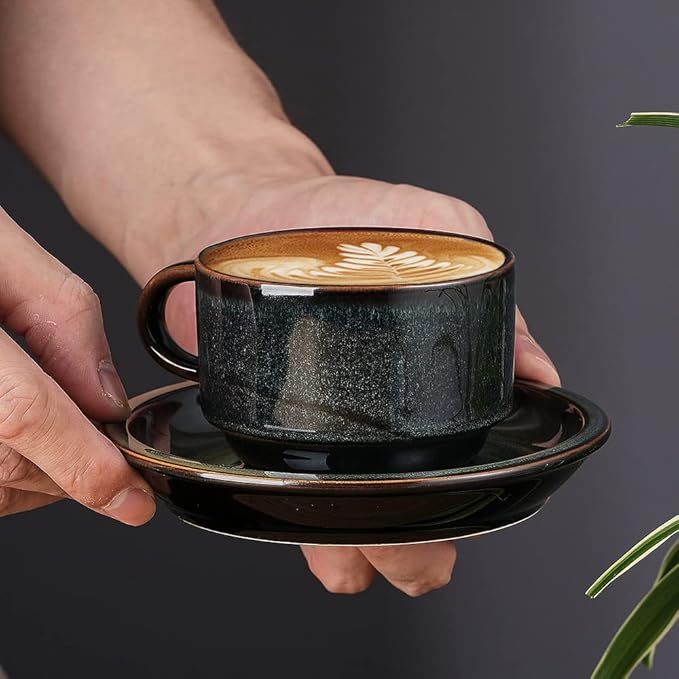 JIEMEI HOME Porcelain Stackable Espresso Cups with Saucers and Metal Stand, 4 Ounce Demitasse Cups for Specialty Coffee Drinks, Latte, Tea Set of 4, Stackable Espresso Mugs, Green & Blue