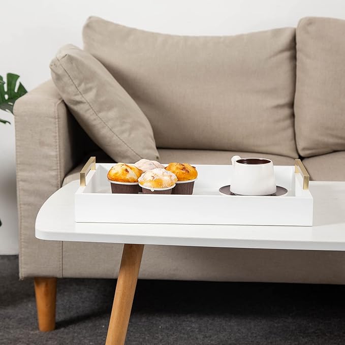 Decorative Coffee Table Ottoman Trays Modern Wood Elegant 16"x12" Rectangle Glossy Shagreen Serving Trays with Champagne Gold Handles -Drinks, Liquor Serving Platter for All Occasion's(White)