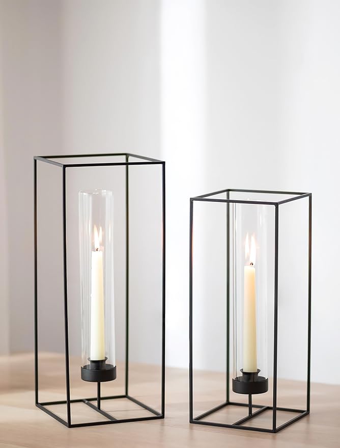 Sziqiqi Hurricane Candlestick Holders Black: Geometric Candle Holder for Taper - Glass Candle Stick Holder for Wedding Minimalist Candleholder Decor for Living Room Outdoor Set of 2