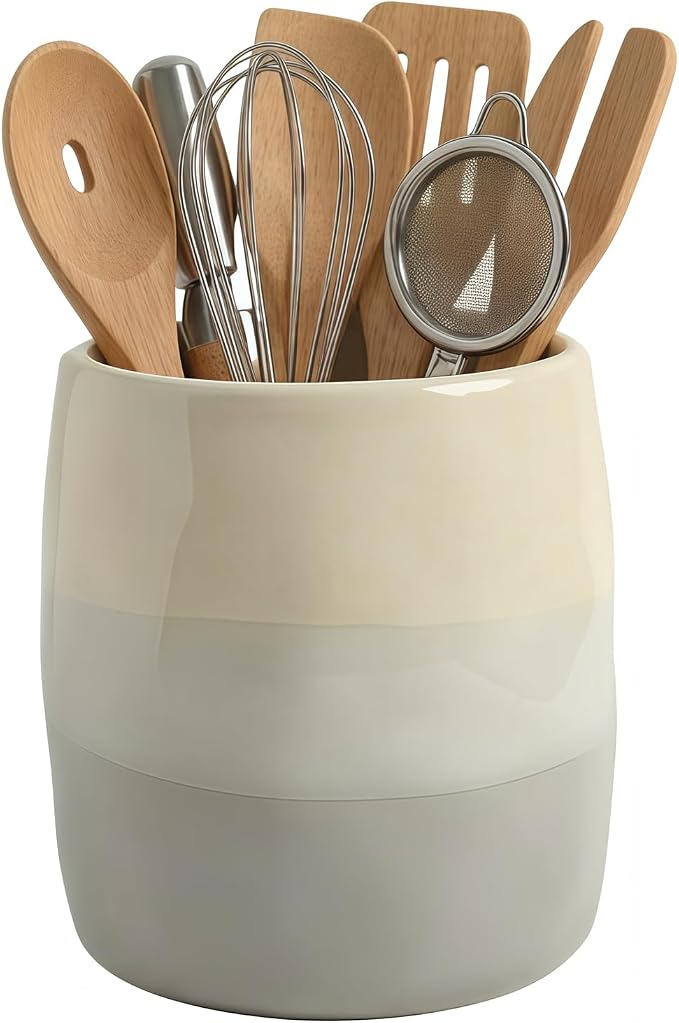 Large Ceramic Utensil Holder for Kitchen Counter, Modern Utensil Crock Organizer (Grey)