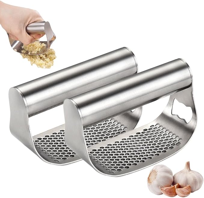 Garlic Press Garlic Presser,2026 Stainless Steel Garlic Presser Bottle Opener Mincer Crusher with Peeler and Cleaning Brush,Multifunctional Kitchen Gadget Garlic Mincer for Woman (A/2PCS)