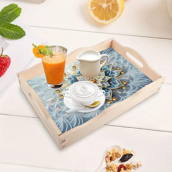 DIY Diamond Serving Tray Rectangular Breakfast Tray with Handle Handmade Diamond Art Painting Wooden Tray for Dinner Plate Coffee Room Living Home Organizer-Mandala