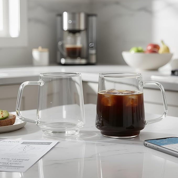 Aquach 20 Oz Glass Coffee Tea Cups, Clear Mugs with Handle, Microwave and Dishwasher safe Home Office Mug Perfect for Americano Latte Hot Beverages, 2-Pack