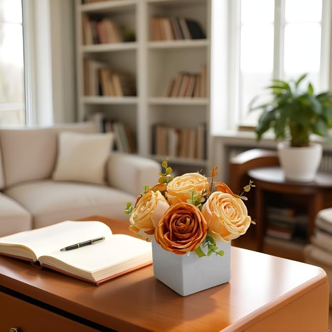 Fall Artificial Orange Silk Fake Rose with Ceramic Vase Autumn Table Decor | White Ceramic Vase Floral Arrangement, Autumn Decor for Office Kitchen Shelf Bathroom Shelf FarmhouseThanksgiving Halloween
