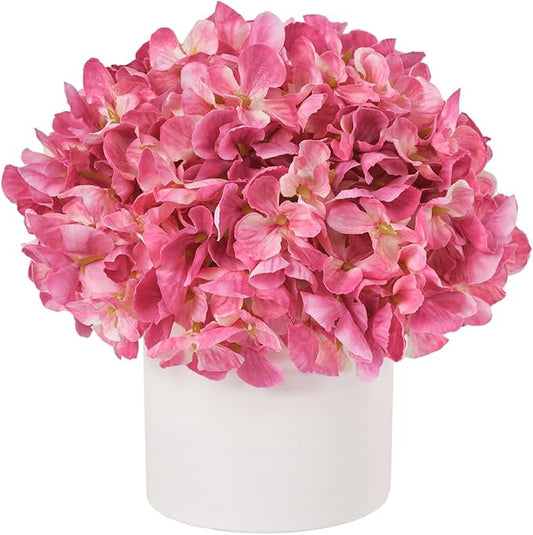 Pink Hydrangea Fake Flowers in Vase, Spring Artificial Flowers with White Ceramic Vase, Small Faux Potted Floral Arrangements for Home Bathroom Kitchen Vanity Shelf Coffee Table Centerpiece Decor Gift