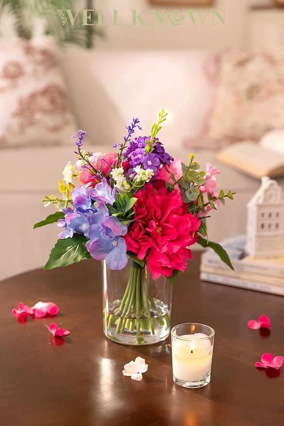 WELL KNOWN Artificial Flowers in Vase with Fake Water, Pink & Purple Silk Flowers Fake Ranunculus Peonies Lilac Bouquet for Home Wedding Party Dining Table Baby Shower Decor & Birthday Gift (Violet)