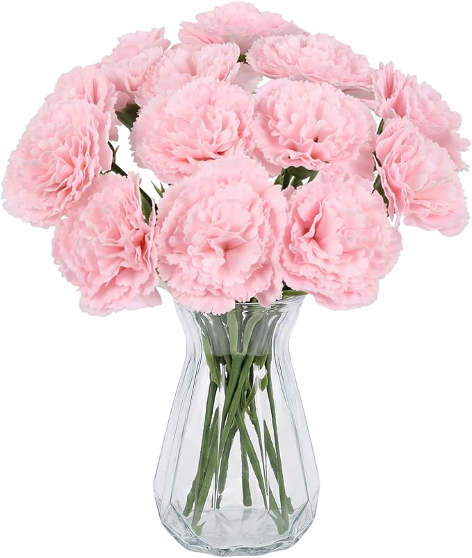 Blush Pink Carnations Artificial Flowers 15pcs Real Touch Carnation Flowers Latex Silk Flowers with Stems for Wedding Bouquets for Bridal Home Table Centerpieces (Latex Nude Pink)