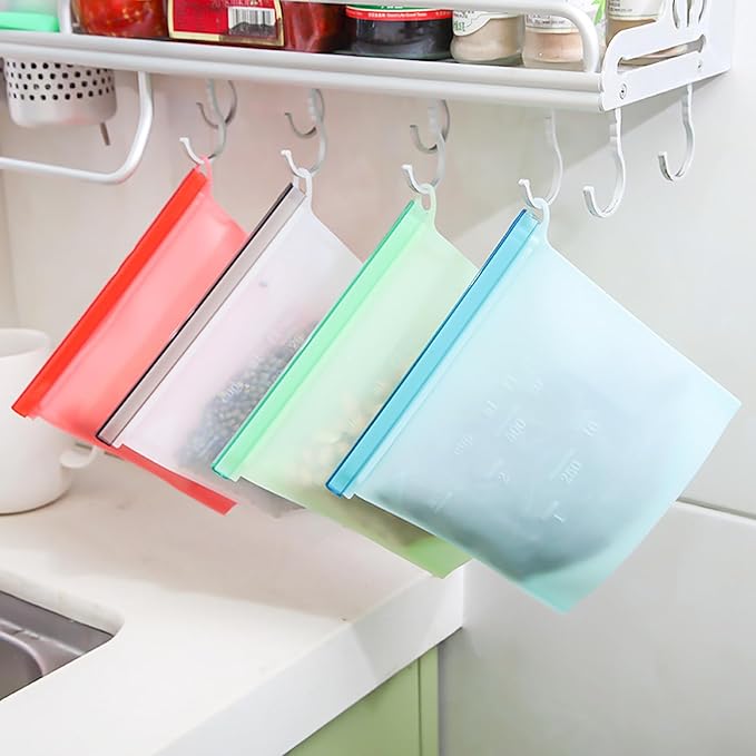 Reusable Silicone Food Storage Bags, WINDSIUUU 100% Silicone Food Grade Containers, Leakproof, Sandwich Snack Bags, Stand Up Zip Container for Soup and Leftovers, Dishwasher & Microwave Oven Safe-53OZ