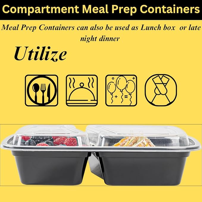 Meal Prep Containers 2‑Compartment 28 oz – 50‑Pack BPA‑Free Plastic Lunch Boxes – Microwave, Dishwasher & Freezer Safe – Airtight, Stackable Food Storage